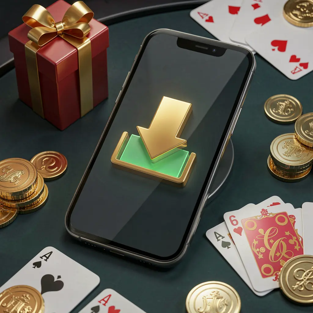 GOX BET casino app download concept showing a smartphone with a download icon surrounded by golden coins, a gift box, and playing cards in a modern mobile gaming atmosphere