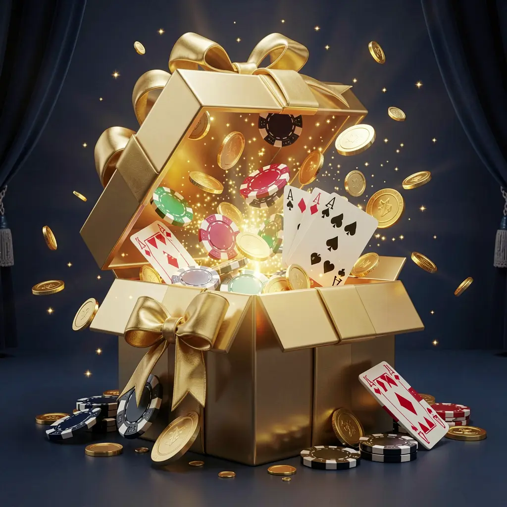 A luxurious welcome bonus scene for GOX BET online casino featuring an open golden gift box with casino chips, playing cards, and sparkling coins bursting out against a premium dark blue and black background with a bright golden glow in an elegant festive mood