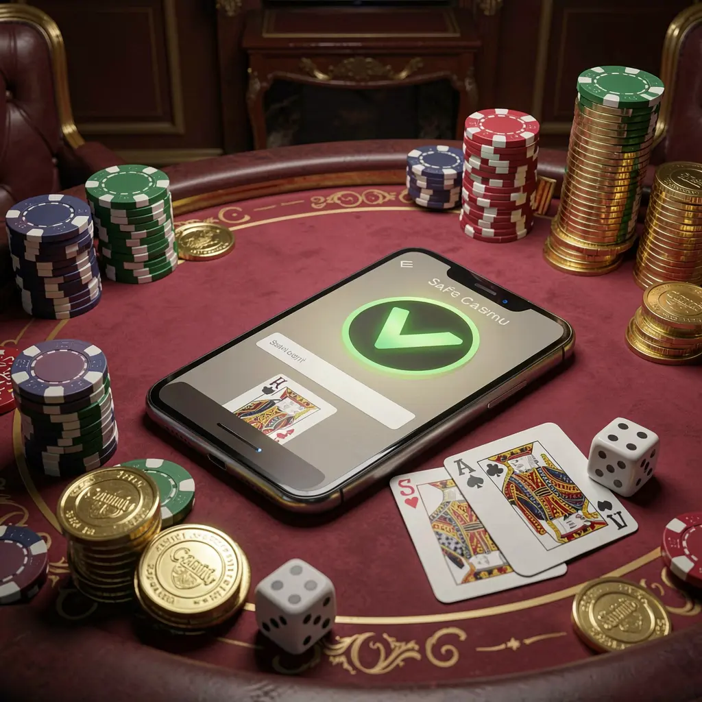 GOX BET safe casino login concept showing a smartphone with verification checkmark icon surrounded by chips, cards, dice, and golden coins on an elegant luxury casino table in a 3D realistic render