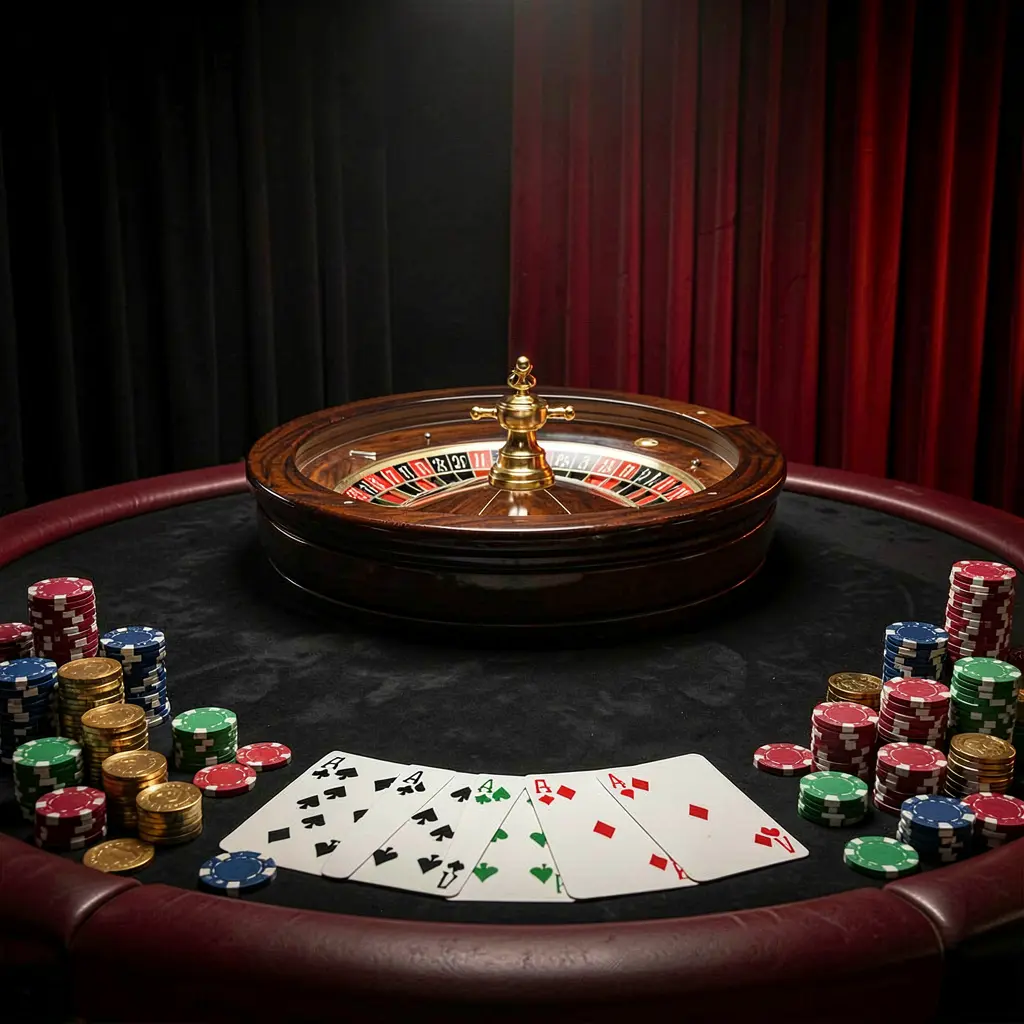 Elegant gaming table with roulette, blackjack cards, poker chips, and coins under luxury cinematic lighting on a black and red background representing GOX BET online casino platform in the Philippines